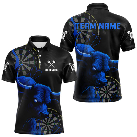 Blauer Wilder Stier Grunge Dartboard Polo Dart Shirt für Herren – Individueller Name & Team Trikot NYN0610