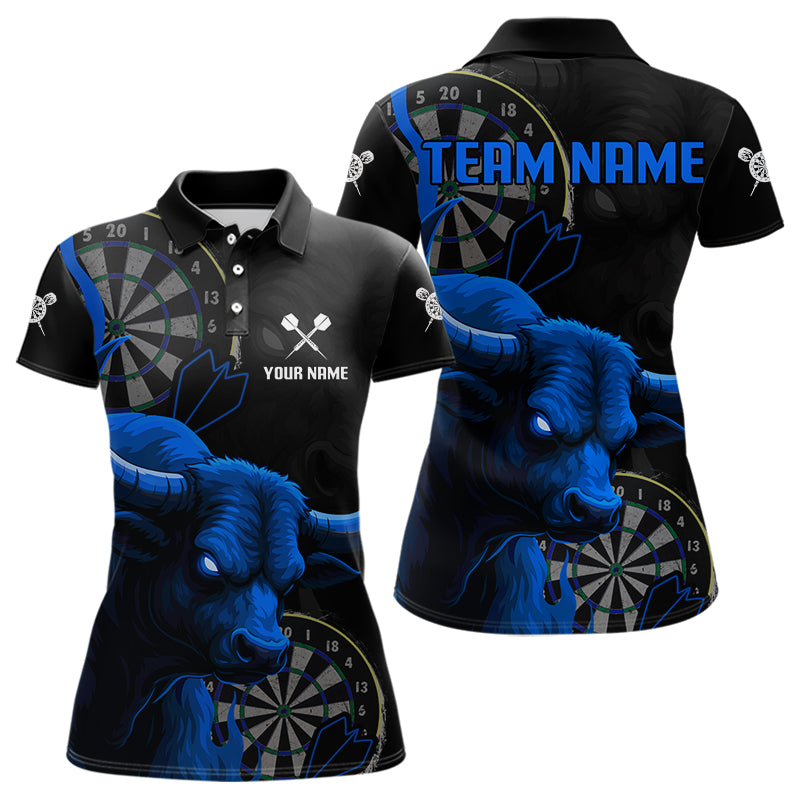 Blauer Wilder Stier Grunge Dartboard Polo Dart Shirt für Damen – Individueller Name & Team Trikot NYN0610