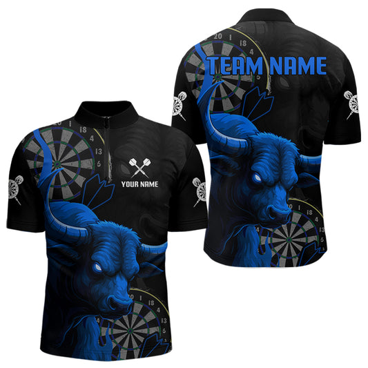 Blauer Wilder Stier Grunge Dartboard 1/4-Zip Dart Shirt für Herren – Individueller Name & Team Trikot NYN0610