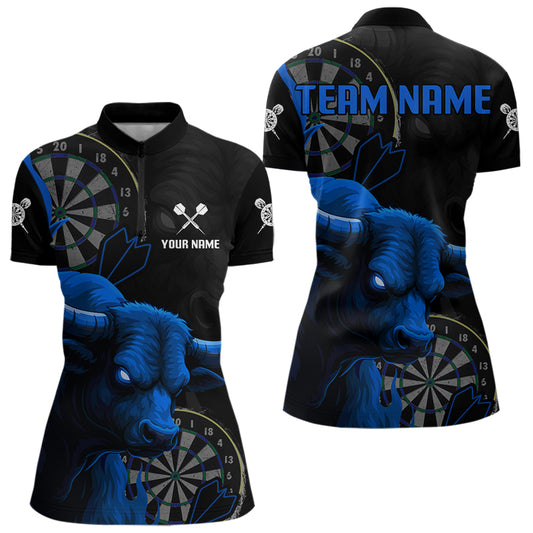 Blauer Wilder Stier Grunge Dartboard 1/4-Zip Dart Shirt für Damen – Individueller Name & Team Trikot NYN0610