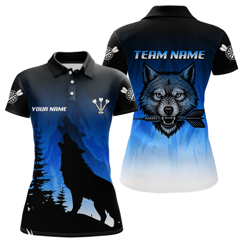 Personalisierter Wolfskopf mit Dartpfeilen, blaues Dartshirt für Damen, Teamtrikots NYN0112