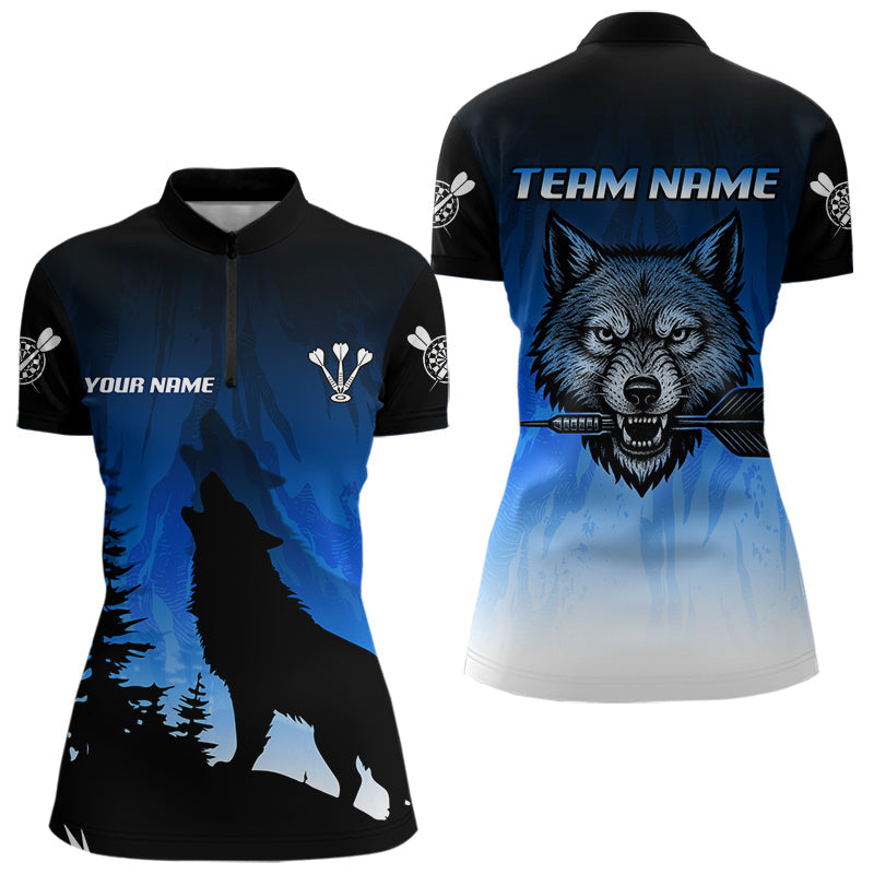 Personalisierter Wolfskopf mit Dartpfeilen, blaues Dartshirt für Damen, Teamtrikots NYN0112