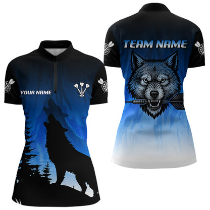 Personalisierter Wolfskopf mit Dartpfeilen, blaues Dartshirt für Damen, Teamtrikots NYN0112