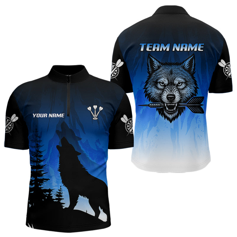 Personalisierter Wolfskopf mit Dartpfeilen Blaues Dartshirt für Herren, Teamtrikots NYN0112