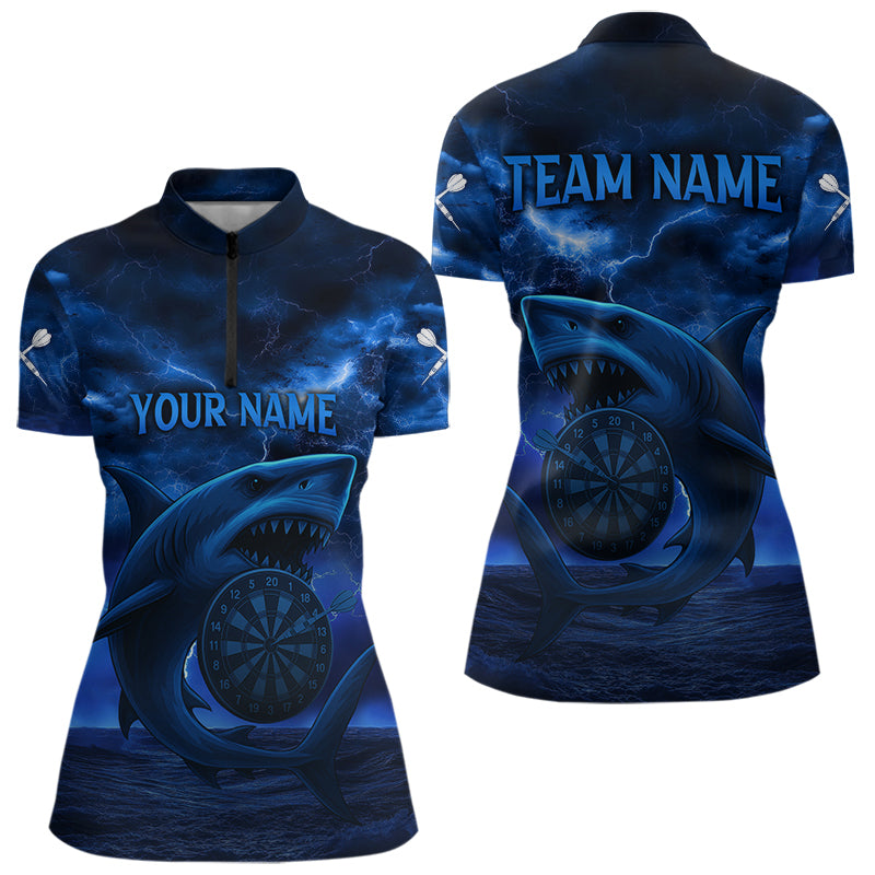 Damen Individuelles 1/4-Zip Dart Shirt Kobaltblauer Blitz-Hai im Ozean, Dartboard Dart Trikots NYN0330