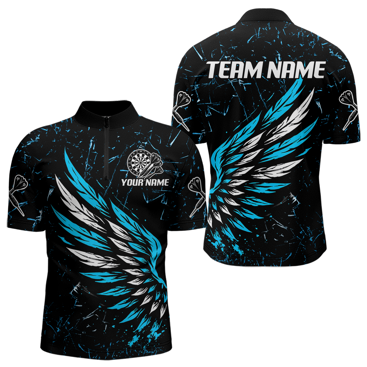 Weiß-blaue Flügel im Grunge-Stil Personalisiertes Dartshirt für Herren, Teamtrikots NYN0110