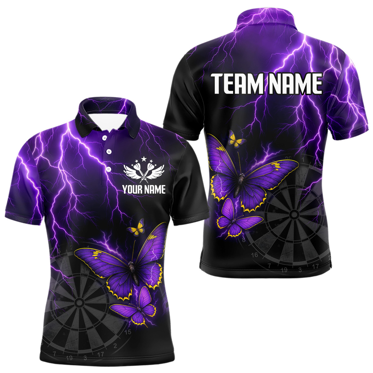 Individuelles Herren Polo Dart Shirt mit Violettem Blitz & Leuchtendem Schmetterling, Dart Trikot NYN0286