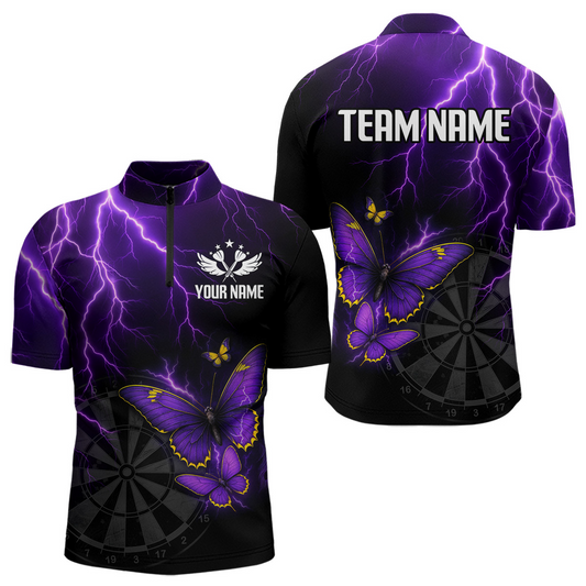 Individuelles Herren 1/4-Zip Dart Shirt mit Violettem Blitz & Leuchtendem Schmetterling, Dart Trikot NYN0286