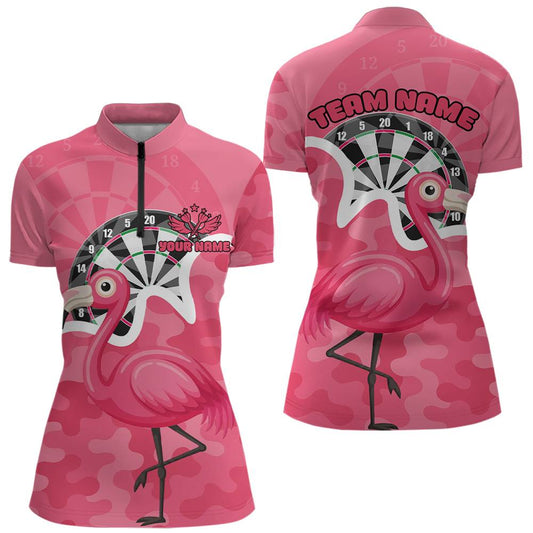 Individuell gestaltetes rosa Flamingo-Camouflage-Dartboard Damen-Darts-Quarter-Zip-Ligashirt - Lustiges Dart-Trikot NYN2206