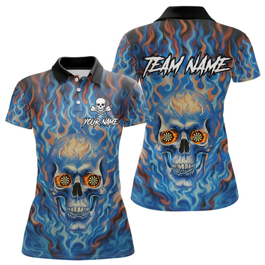 Individuell gestaltetes blaues Feuer-Flamingo-Schädel-Dartboard Damen-Darts-Quarter-Zip-Ligashirt - Dart-Trikot-Outfit NYN2207