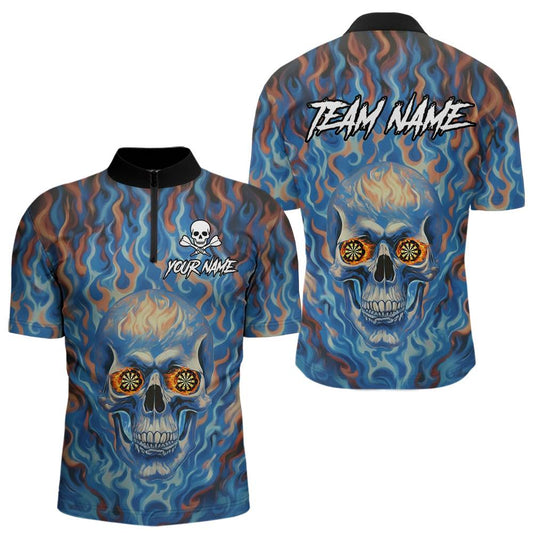 Individuell gestaltetes blaues Feuer-Flamingo-Schädel-Dartboard Herren-Darts-Polo-Ligashirt - Dart-Trikot-Outfit NYN2207