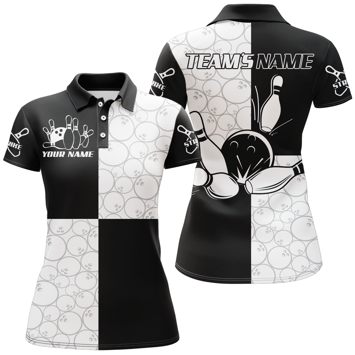 Black & White Bowling Shirt for Women Custom Bowling Team Jersey League Polo Shirt QZT101